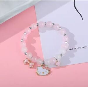 NWT Hello Kitty Pink and White Beaded Bracelet Stretchy Charm Jewelry 18cm